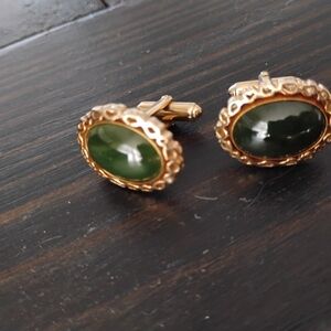 Gold-Tone Green Stone Oval Cufflinks